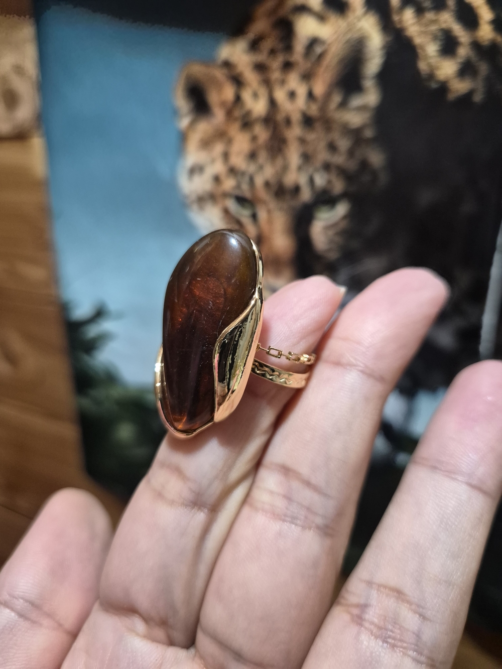 Gold-Tone Brown Cabochon Statement Ring